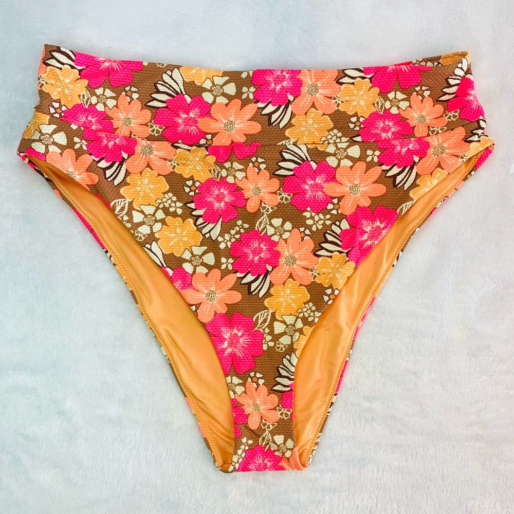 Aerie Neon Orange & Pink Floral High Waist Cheeky Bikini Swim Bottoms